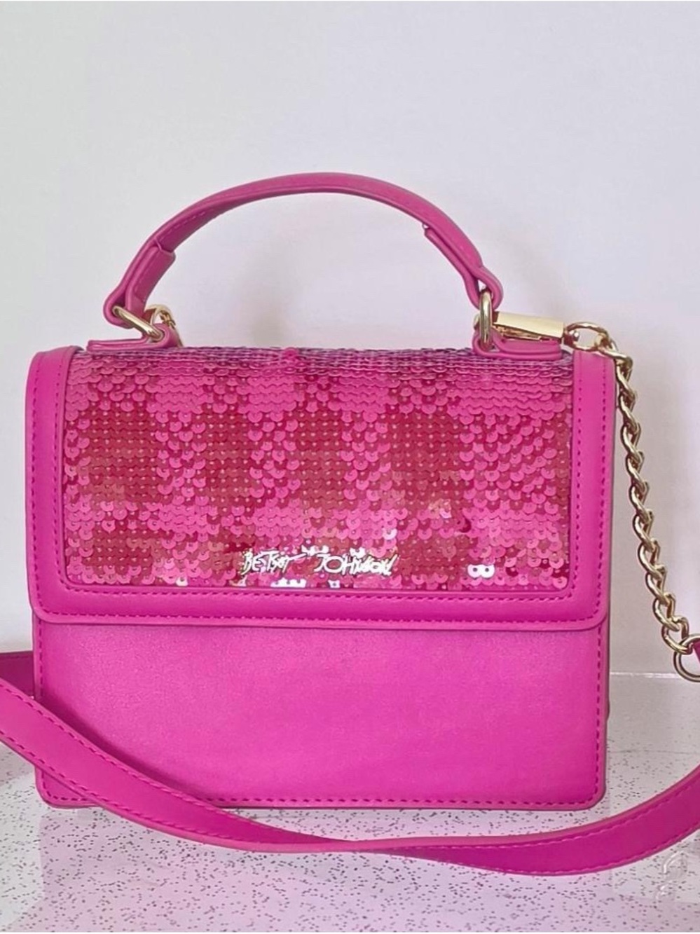 Betsey Johnson Hot Pink Sequin Top-Handle Crossbody